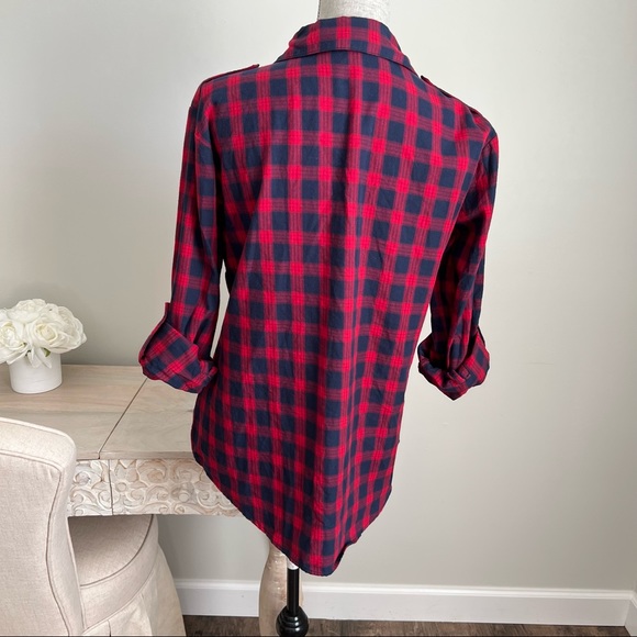 Sanctuary Navy Plaid Long Sleeve Snap Down Shirt Top Blouse Small - Picture 7 of 16